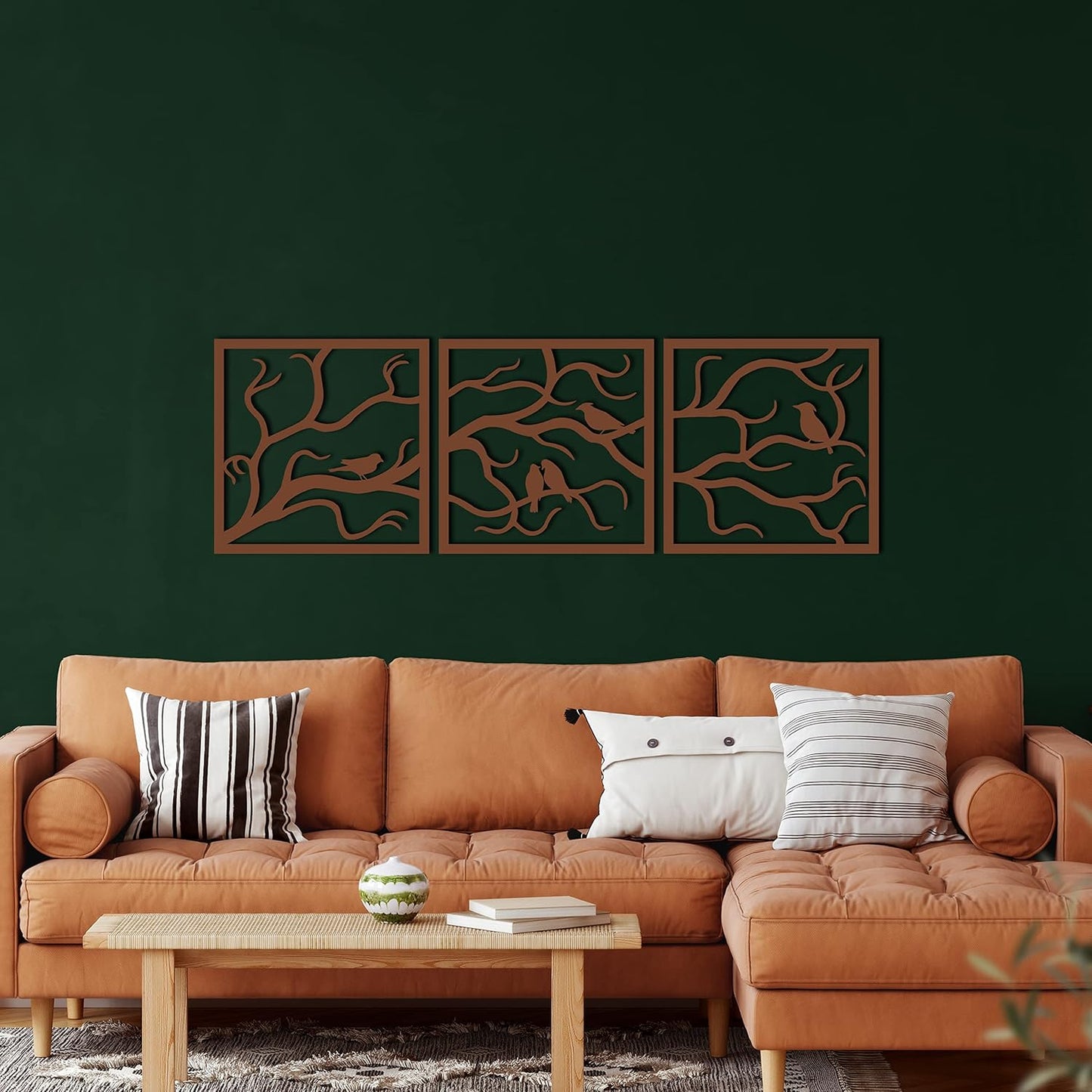 Metal Wall Decor, Framed Branch 3 Parts , Home Living Room Decor, Wall Sign, Metal Wall Art, Interior Decoration, Indoor Outdoor Hangings, Bronze (100x33cm)
