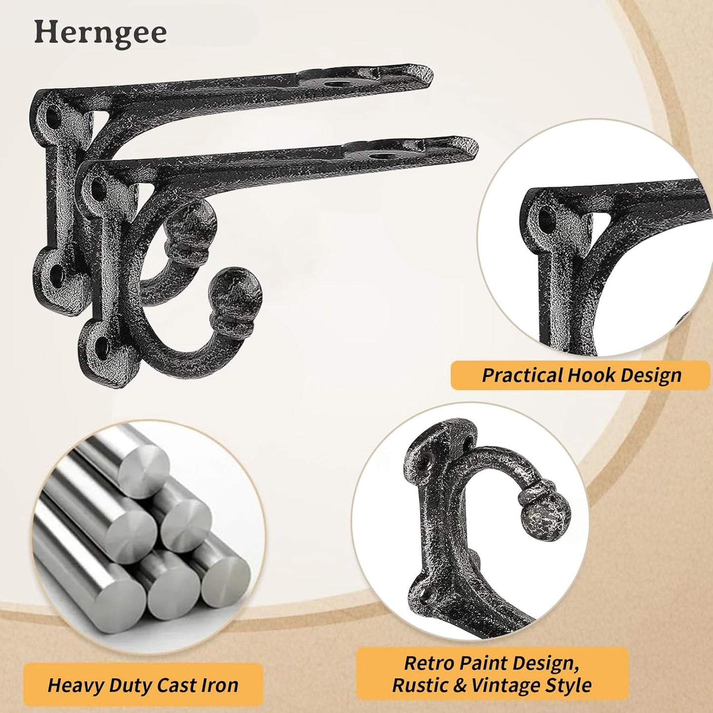 Cast Iron Shelf Brackets 4 Inch, 4 Pack Black Rustic Shelf Brackets with Hooks,Heavy Duty Floating Brackets Wall Mounted, Decorative Brackets for Wood Shelves
