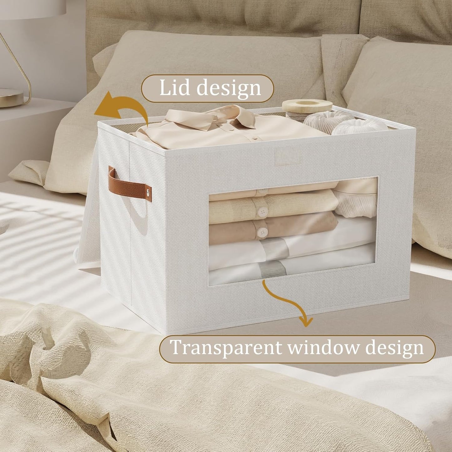 Fabric Storage Boxes with Lids, 10.2 x 7.8 x 6.7 Inch Closet Organizers for Shelves, Foldable Storage Bins with Handles, White, 5-Pack