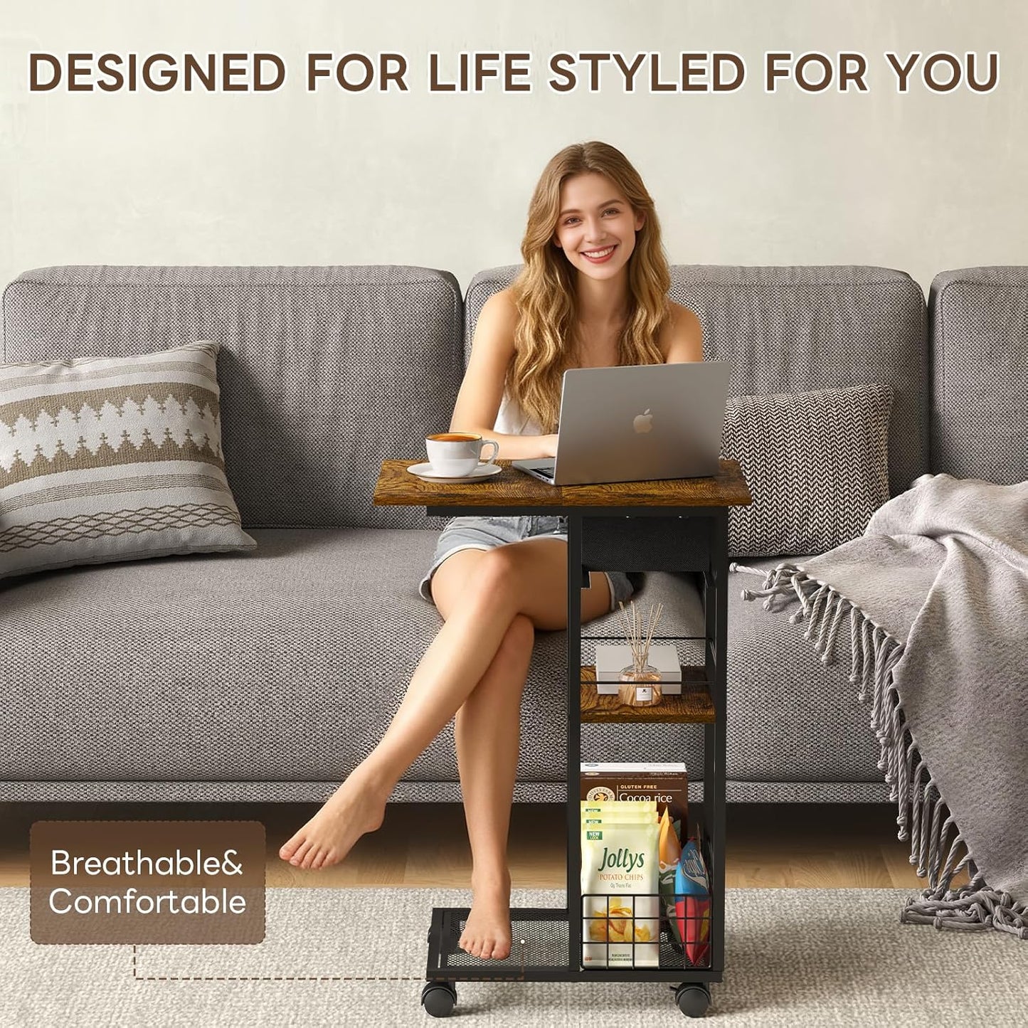 3-Tier C-Shaped End Table with Drawer — 360° Rotation, Wheels, Space-Saving TV Tray for Living Room / Bedroom