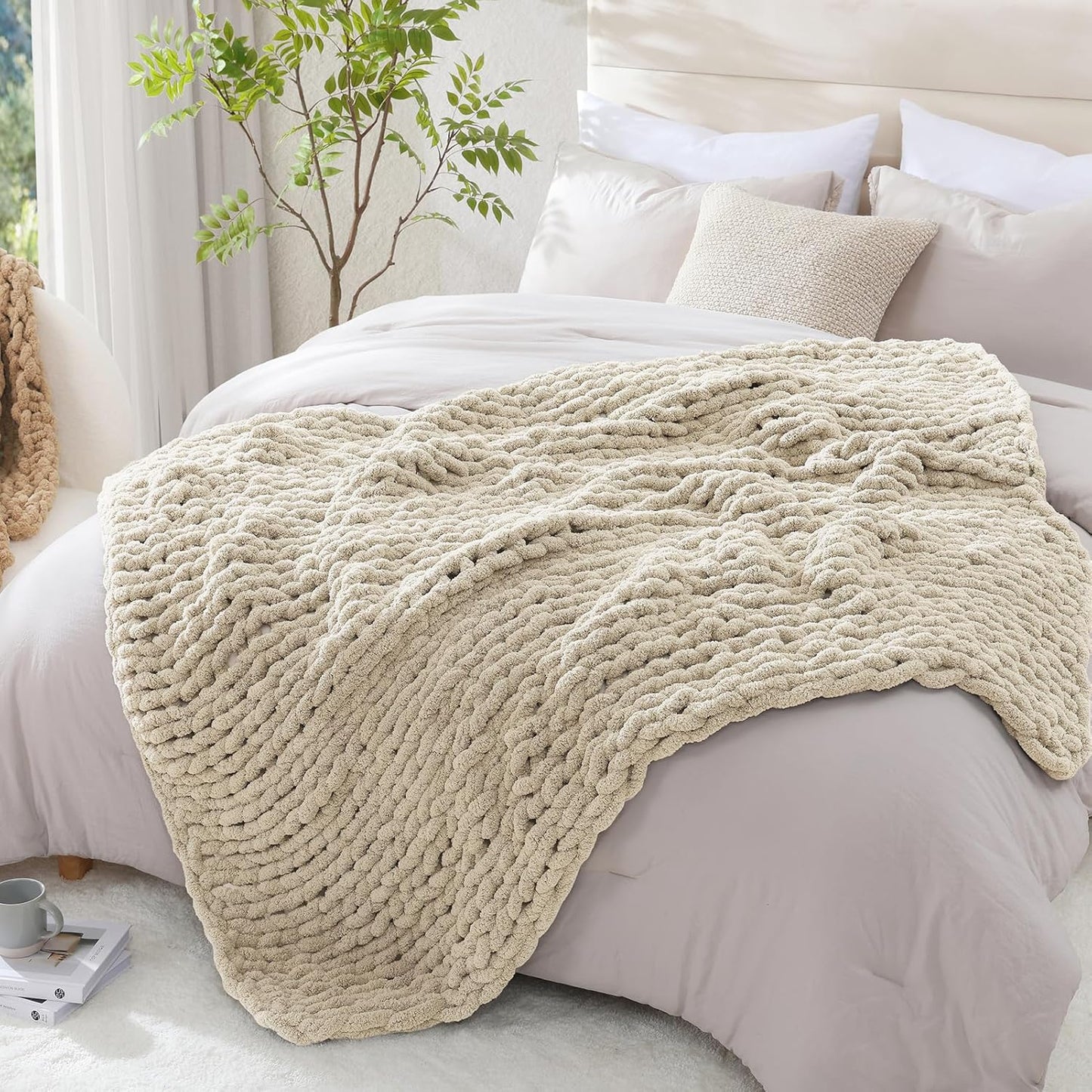WRENSONGE Chunky Knit Blanket Throw Beige Large Soft Fluffy Cable Knit Crochet Throw 100% Hand Knitted Blanket for Couch Bed(50"x60")