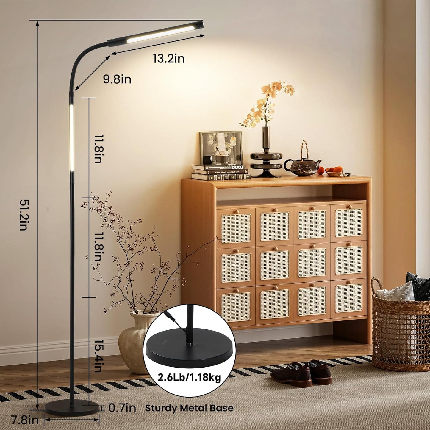 LED Floor Lamp for Living Room, Dimmable Standing Lamp with Remote Control, Stepless Dimming, Adjustable Color Temperature 3000K-5700K, with Adjustable Gooseneck, for Sturdy, Work, Reading
