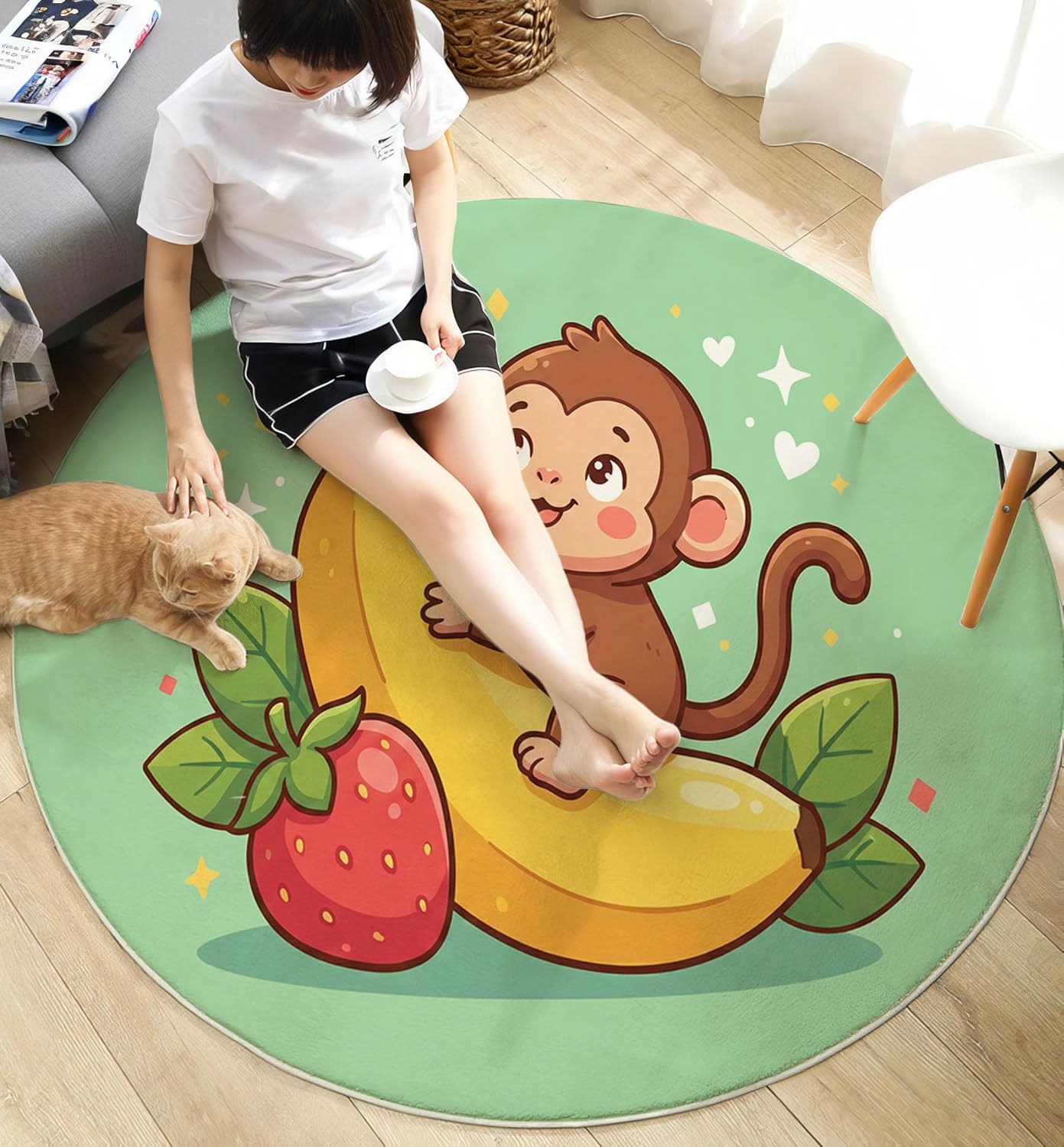 Round Rug for Kids Room, Cartoon Monkey Banana Round Rugs 4Ft, Cute Animals Circle Rug, Sage Green Washable Circle Carpet for Living Room Bedroom, Non Slip Low Pile Thin Area Rugs