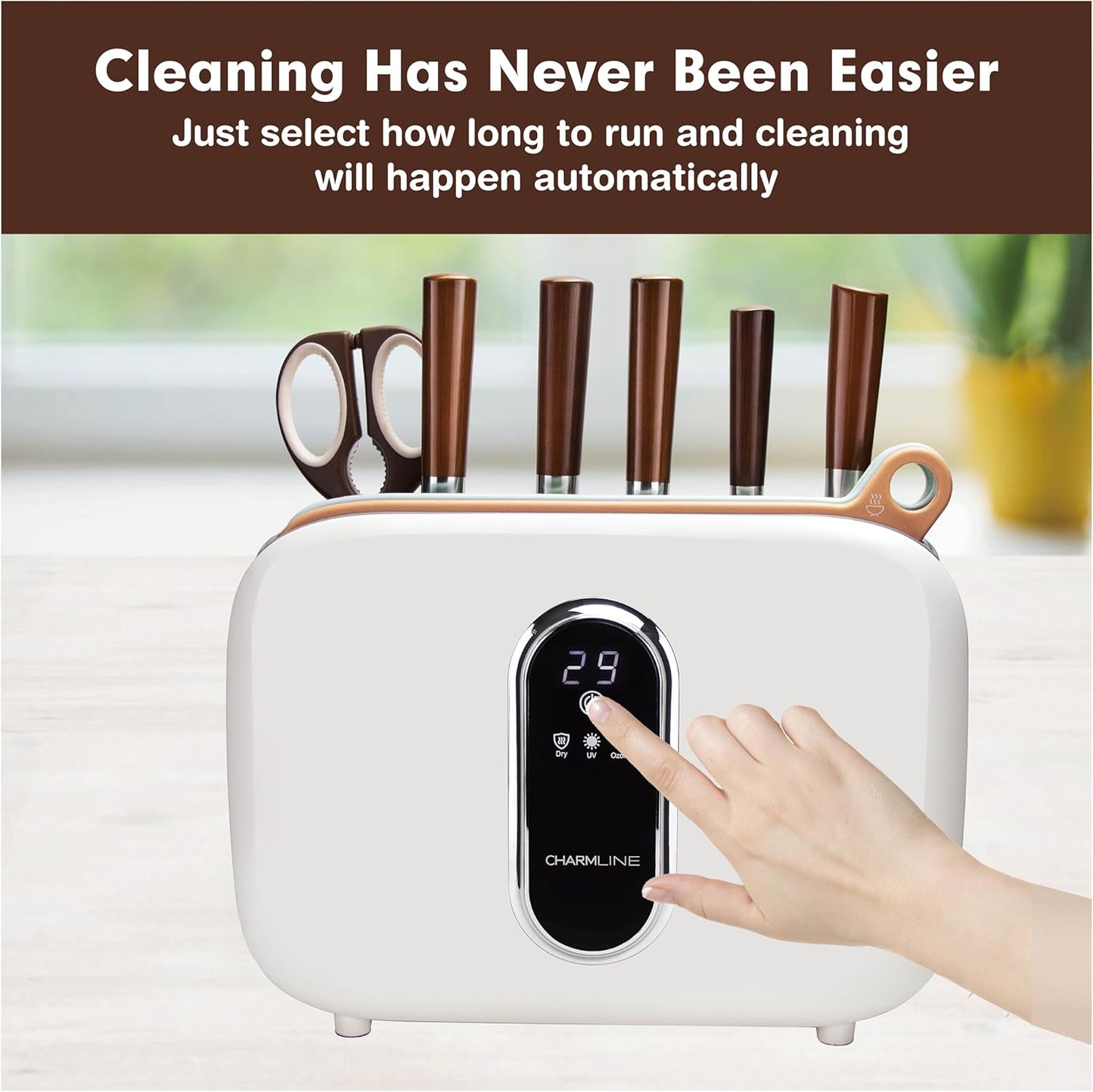 Charmline Smart Cutting Board and Knife Set with Holder, Double Cleaning and Drying Function, Space Saving Smart Home Gadgets, Keeping Kitchen Clean and Tidy, Brown