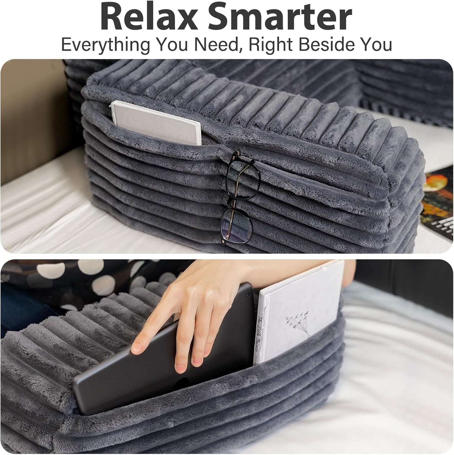 Back Pillow for Bed Sitting Up — 22" XL with Armrests, Big Pockets, Soft Support Chair (Dark Grey)