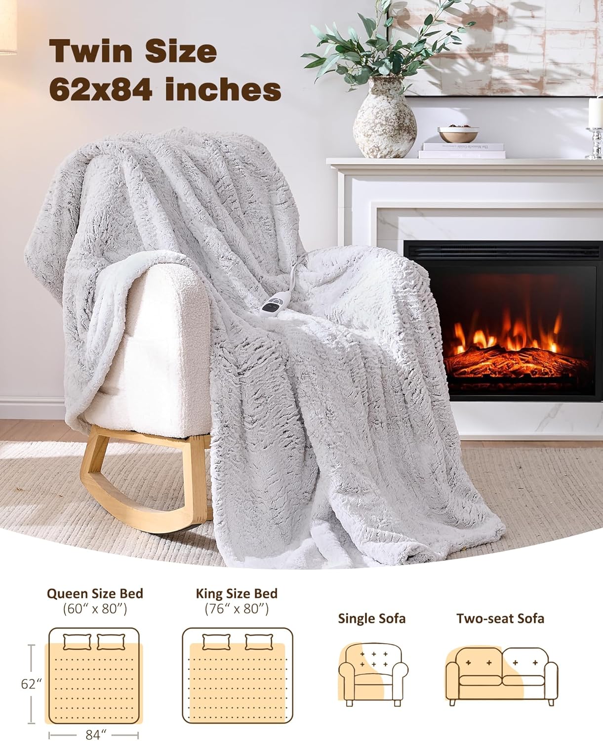 Electric Blanket Heated Twin 62"x84", Bed Blanket Clearance with 9 Heat Levels & 1-10H Timer, Silky Faux Fur, Fluffy Cozy Machine Washable Bedding, Gifts for Mom Dad (Brushed White)