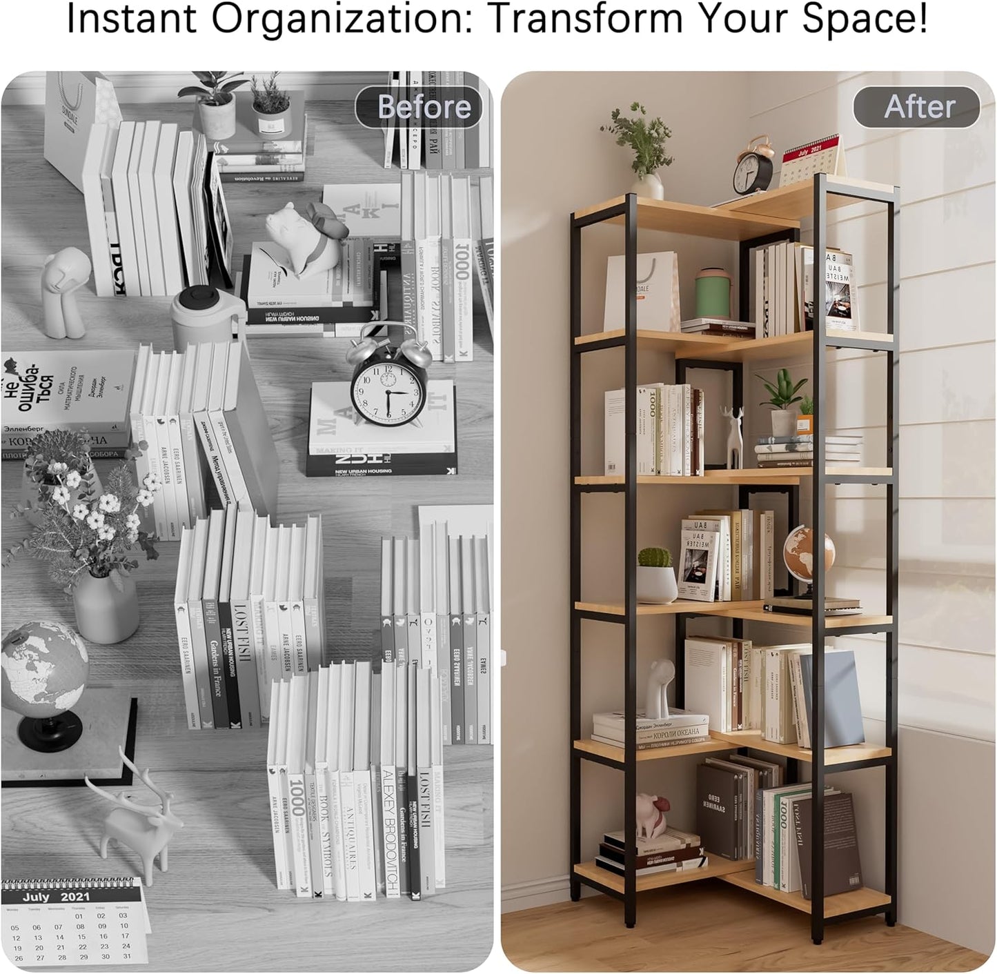 6 Tier Corner Shelf/Bookshelf, Deformable L Shaped Bookcase, Modern Tall Storage Display Rack with Sturdy Metal Frame for Home Office (Light Natural Wood Color)