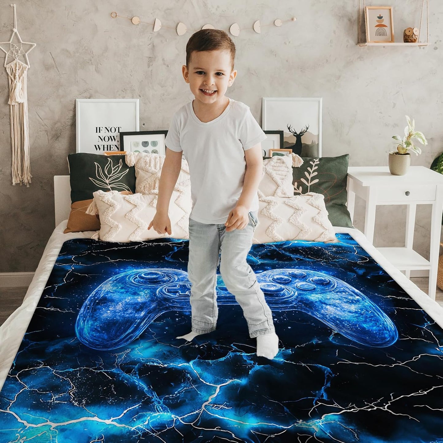 Boys Throw Blanket Gamer Blanket for Boys 3-5 Gift for Son Grandson, Blue Fuzzy Cozy Soft Flannel 50 x 40 Inches Throws for Sofa Office Trip Chair