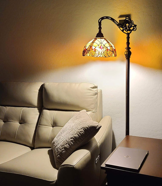 Amora Tiffany Style Floor Lamp Arched Vintage Antique 62" Tall Stained Glass Brown Red Tan Traditional Light Decor Bedroom Living Room Reading Gift AM344FL12 Lighting