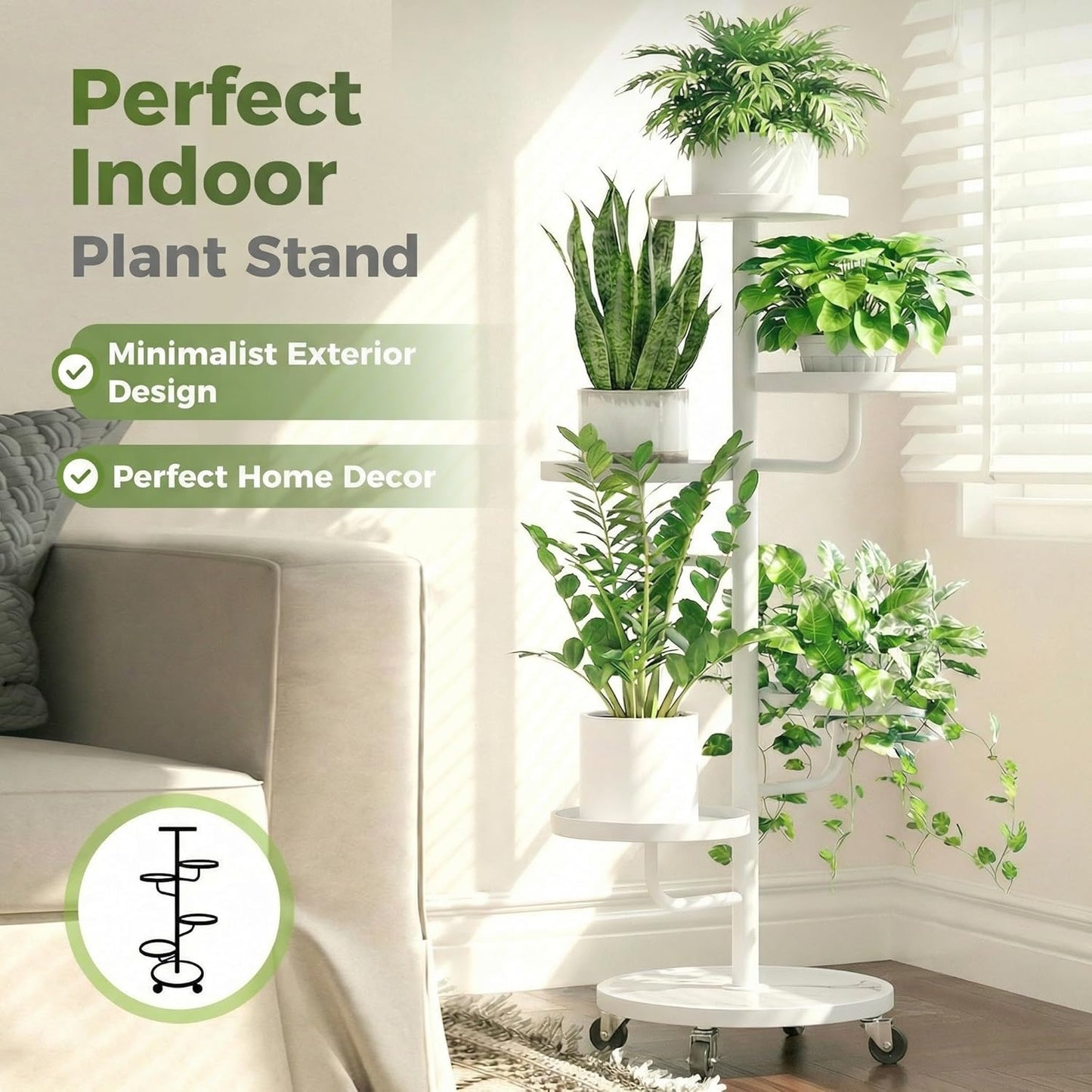 Bamworld Tall Plant Stand Indoor Outdoor Metal Plant Stands with Wheels 5 Tiered Corner Plant Holder Heavy Duty Flower Stand for Multiple Pots Planter Stand for Patio Balcony Living Room (White)