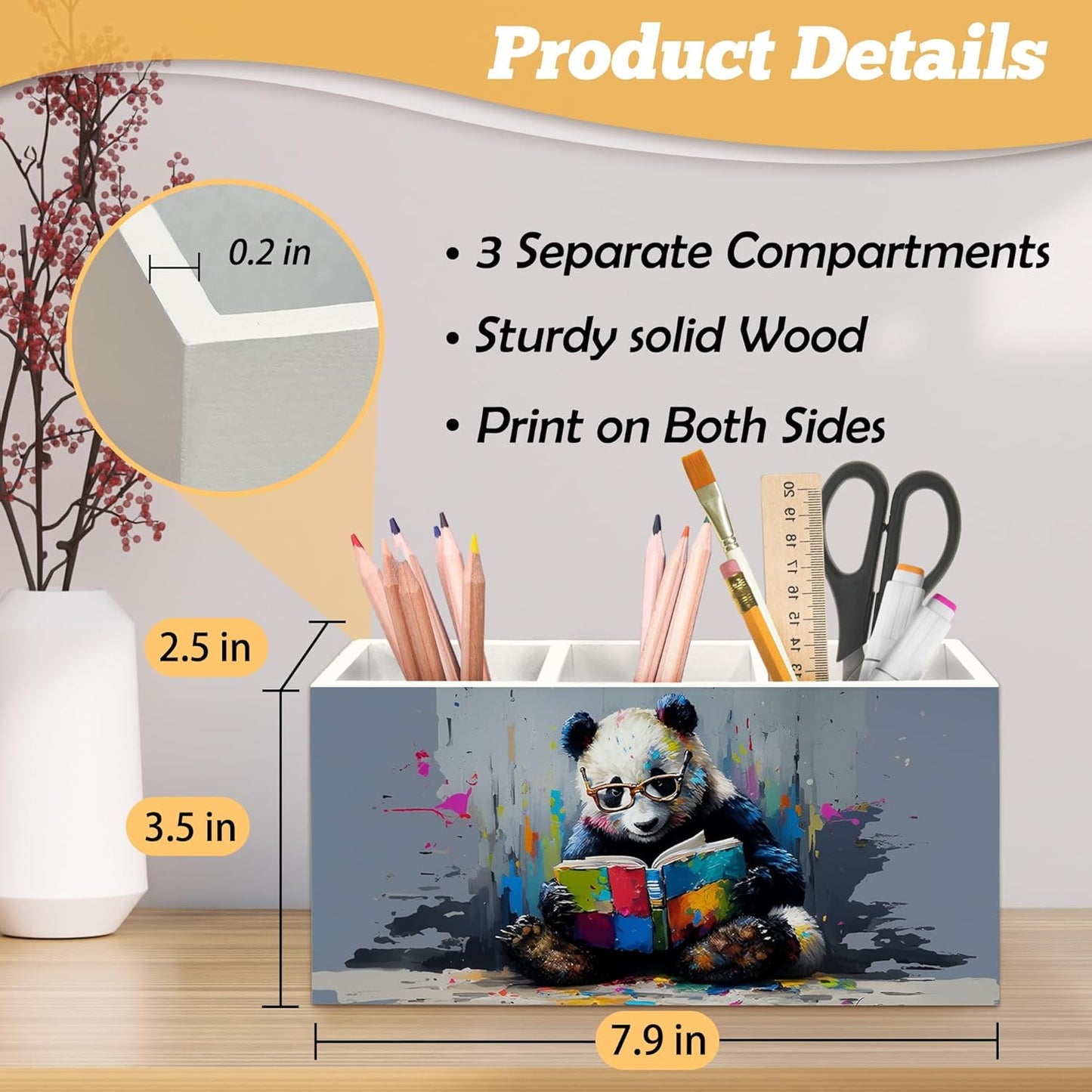 Book Lovers Gifts Pen Holder Organizer for Desk Accessories, Watercolor Reading Panda Bookish Wooden Box Desk Decorations for Kids Reading Corner Nook Room Classroom Decor