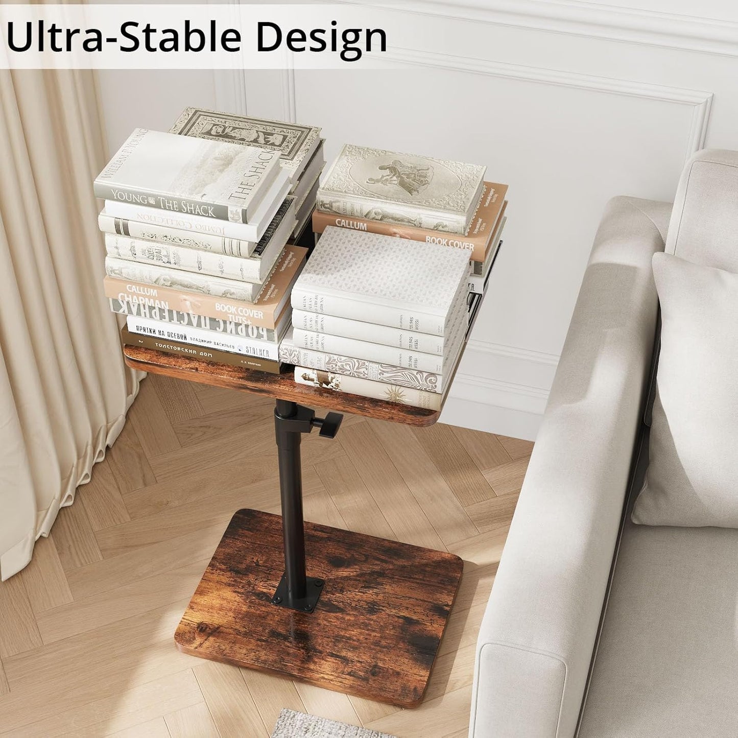 TV Trays for Eating on Couch - Height Adjustable C Shaped End Table with 360° Swivel, Slide Under Sofa Side Table for Small Spaces, Snack Table for Bed Chair Living Room Bedroom Laptop, Rustic Brown