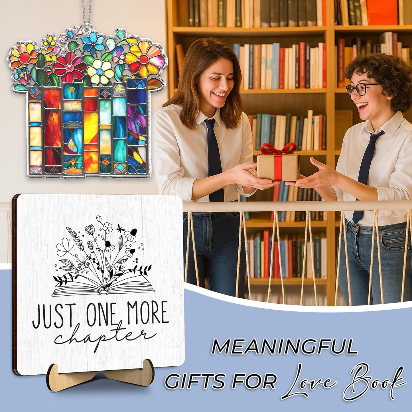 Just One More Chapter Book Lovers Gifts Set – Reading Accessories Gifts for Women, Teacher, Reader Librarian, Book Club – Book Ornament, Wooden Sign, Keychain & Card - Birthday Present Bookworms FF772