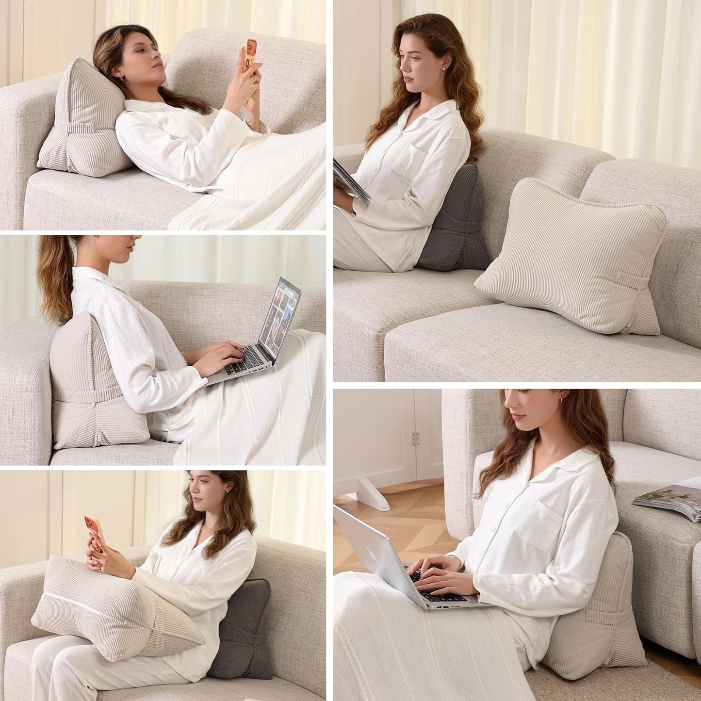 Corduroy Lumbar Support Back Pillow for Watching TV, Relaxing & Gaming, Ergonomic Triangle Support Cushion for Sofa, Armchair & Bed Sitting, Removable Washable Cover, Beige Gray