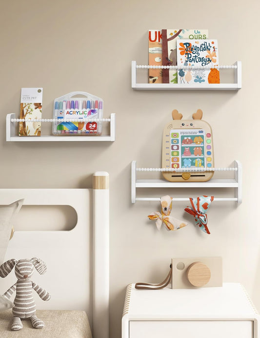 Nursery Bookshelves Set of 3, Natural Wood Nursery Floating Shelves Wall Mount Storage Shelf with Towel Bar Hainging Bookshelf for Kids Room Bedroom Living Room Decor, White