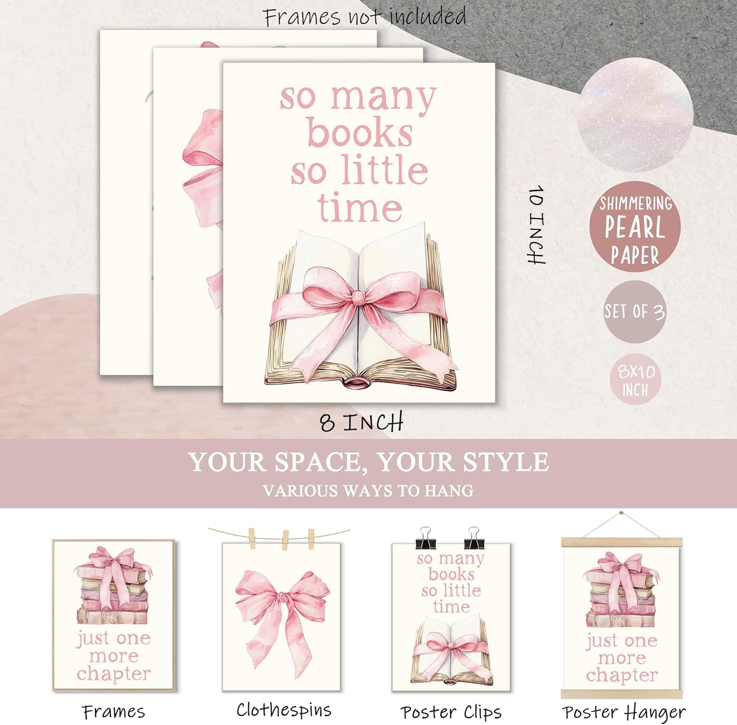 Aychlithic Coquette Bow Reading Wall Art Decor Posters - Pink Bow Preppy Room Decor for Bookish Book Lovers, Just One More Chapter Book Club Poster Prints for Bedroom Dorm Unframed 8x10 Inch, Set of 3