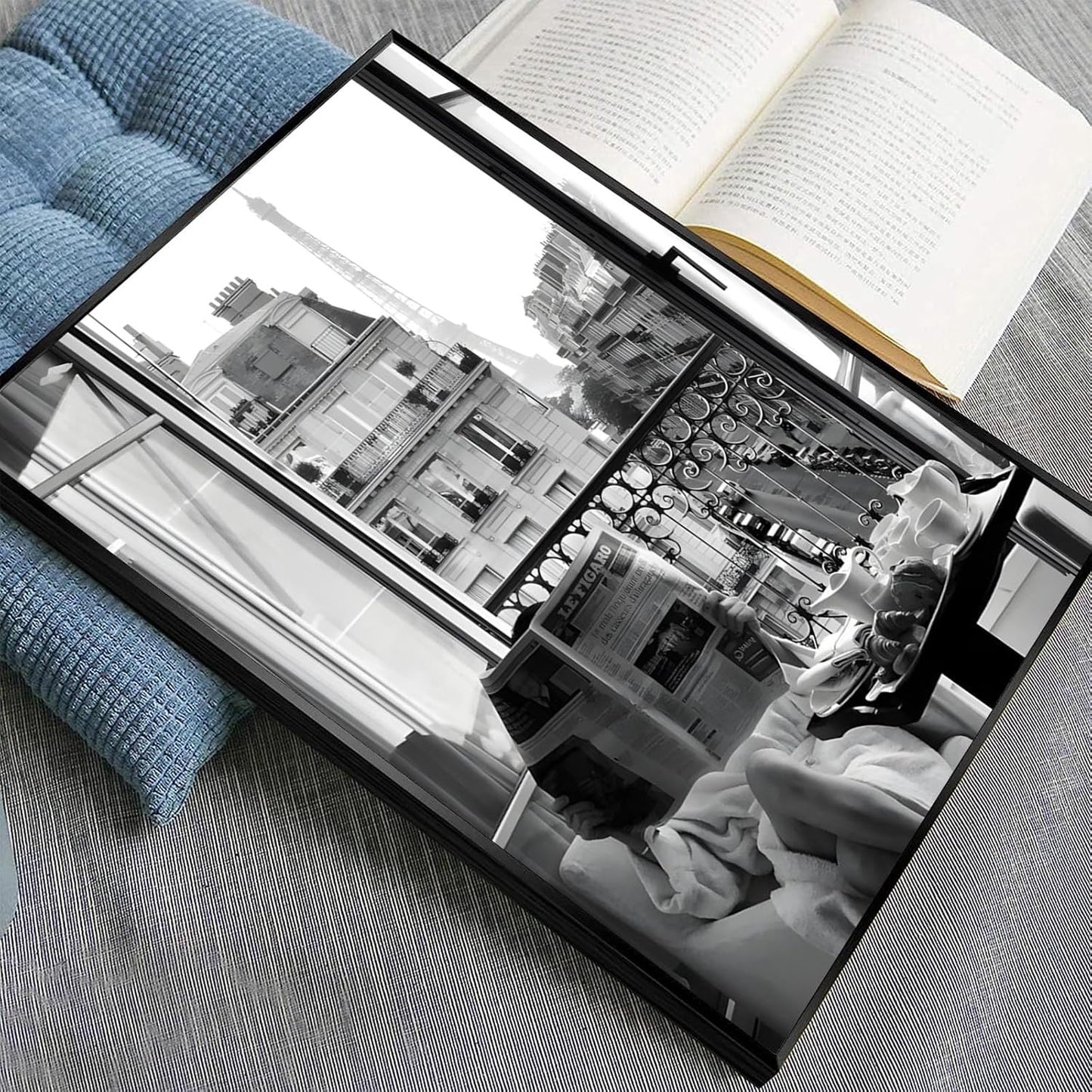 Trendy Girl Reading Newspaper Canvas Posters Eiffel Tower View Wall Art Black And White Feminist Prints Painting For Living Room Bedroom Dorm Wall Decor 8x12in Unframed