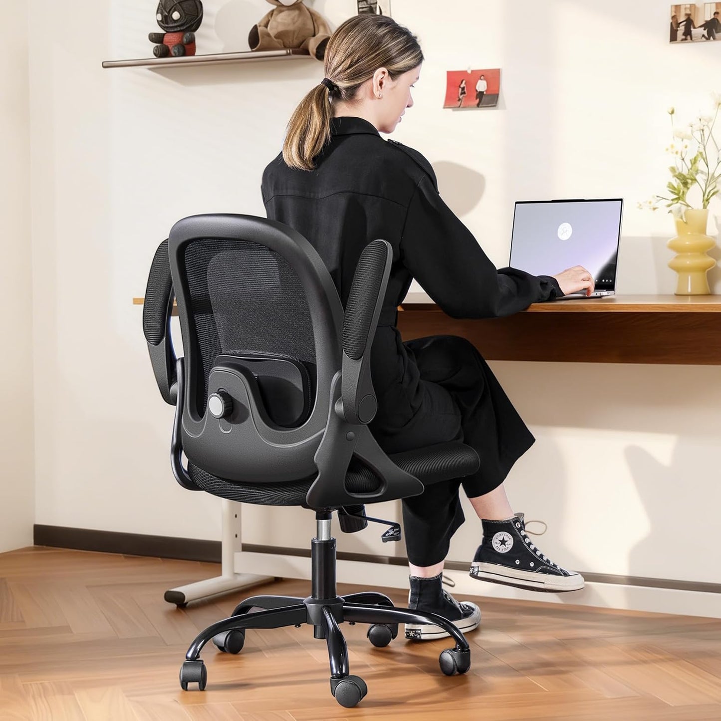 Primy Desk Chair Ergonomic Office Chair with Adjustable 3D Lumbar Support and Height, Comfy Mesh Computer Chair with Flip-up Armrests, Swivel Rolling Task Chair with Wheels for Home Office (Black)