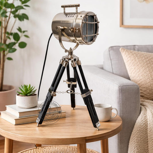 collectiblesBuy Nautical Desk Lamp with Black Wooden Tripod – 22 Inch Adjustable Nickel Finish LED Spotlight Searchlight Vintage Maritime Table Decor for Home Office