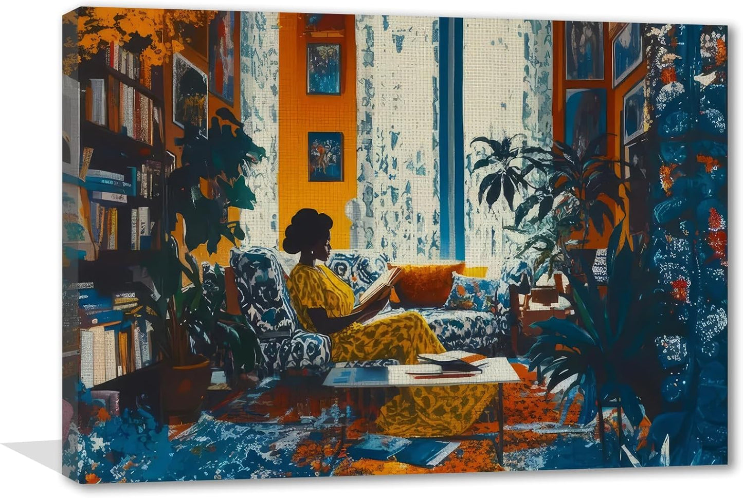 Black People Canvas Wall Art Black Woman Wall Art African American Poster Library Poster Reading Nook Decor Woman Reading Book Picture 16x24Inch Framed for Bedroom Living Room Dorm Apartment Decor