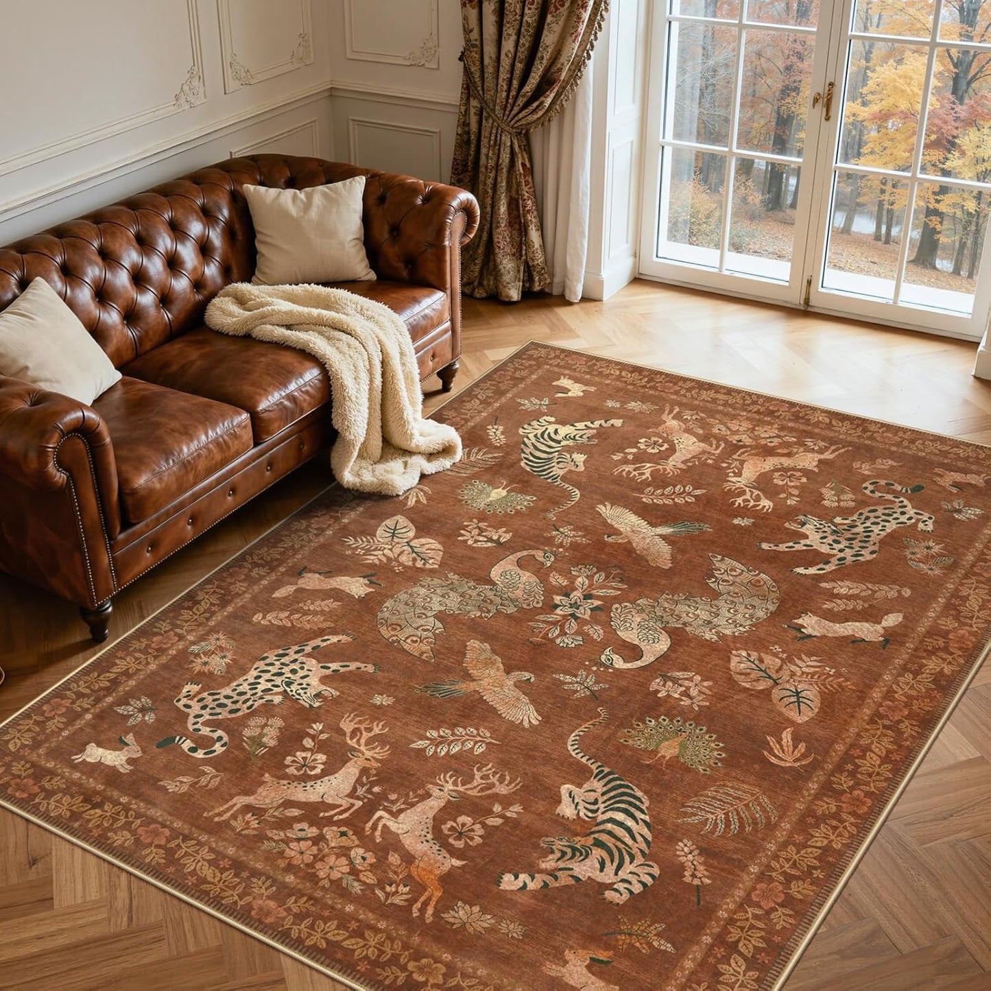 Moynesa Vintage Living Room Rug 8x10, Washable Area Rugs for Dining Room Under Kitchen Table, Bedroom, Oriental Stain Resistant Non Slip Large Indoor Carpets (8x10 Terracotta)