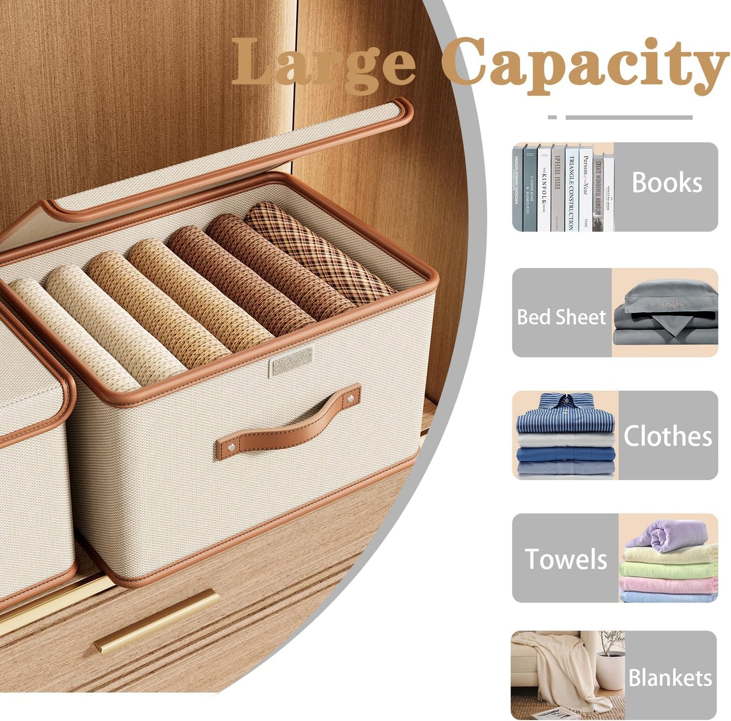 Tuza 4 Pack Storage Bins with Lids, Collapsible Closet Organizer Container, Fabric Organizer Box with Handles, Decorative Storage Boxes with Lids for Organizing Clothes, Books, File, White, Medium