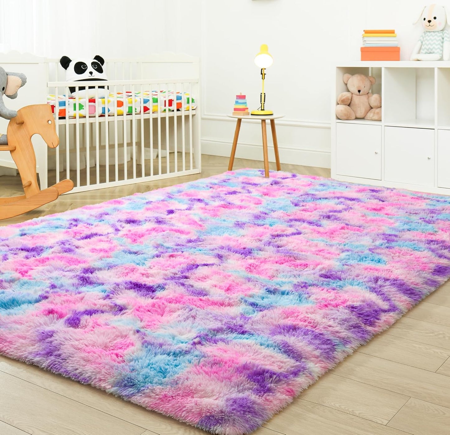 Tepook Soft Rainbow Rug 8x10 for Girls Room, Cute Fluffy Girls Bedroom Area Rug, Shaggy Princess Rug Colorful Carpet for Kids Teens Toddler Playroom Nursery Reading Nook, Hot Pink