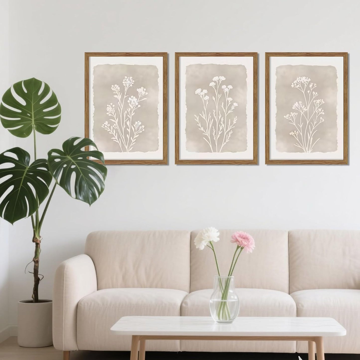 Framed Boho Botanical Flower Wall Art Set of 3, Vintage Minimalist Neutral Floral Wall Decor Paintings, Rustic Farmhouse Wildflower Artwork Prints Picture for Living Room Bedroom Bathroom 12x16 Inch