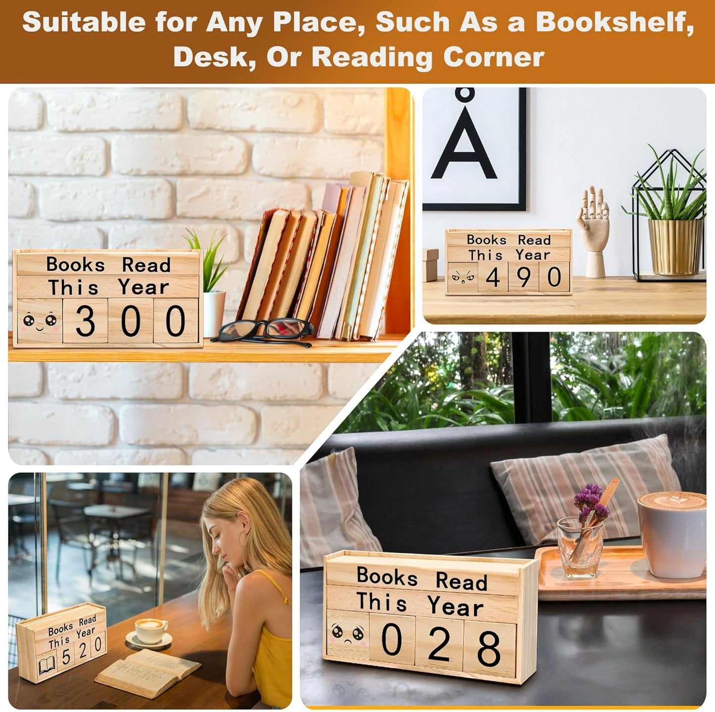 Books Read This Year Counter, Anglecai Book Tracker for Reading Goal Display Wooden Book Reading Tracker Sign Up to 999 Books, Bookworm Gift for Bookshelf Decor, Book Lovers