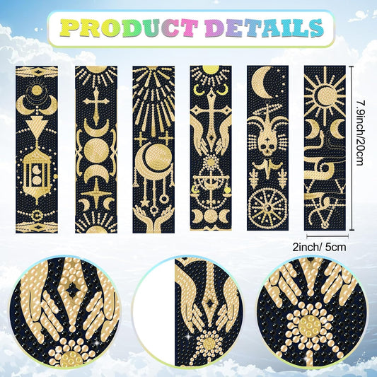 6Pcs Fantasy Divination 5D Diamond Art Bookmarks Sun Moon Scales Diamond DIY Painting Bookmarks Rhinestones Beaded Acrylic Tassel Bookmark for Adult Beginner Crafts