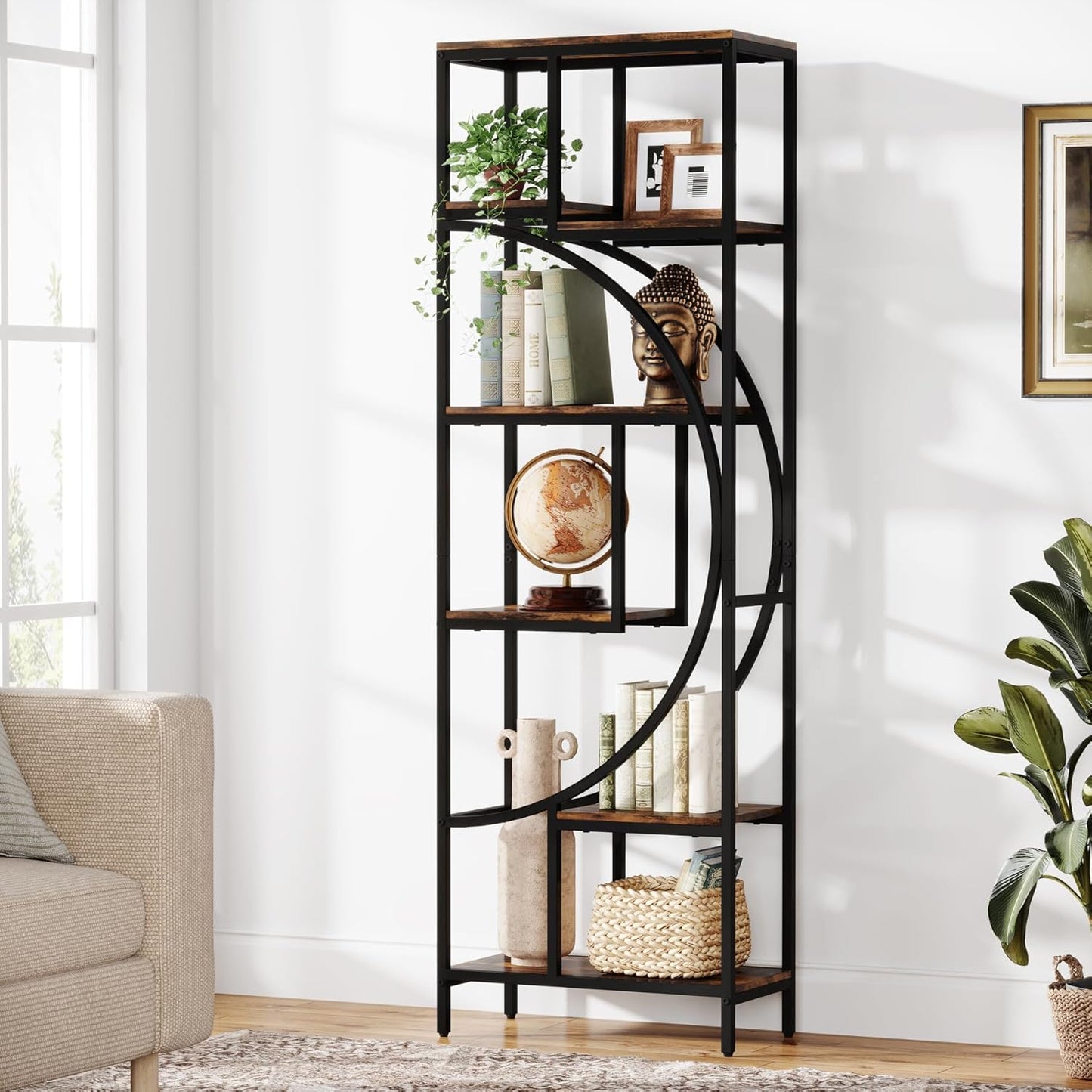 Geometric Bookshelf, 70.9" Tall Bookcase with 7-Shelf Open Shelves, Wood Metal Book Shelf Display Rack Storage Shelving Unit for Office, Bedroom, Living Room, Easy Assembly, Rustic Brown