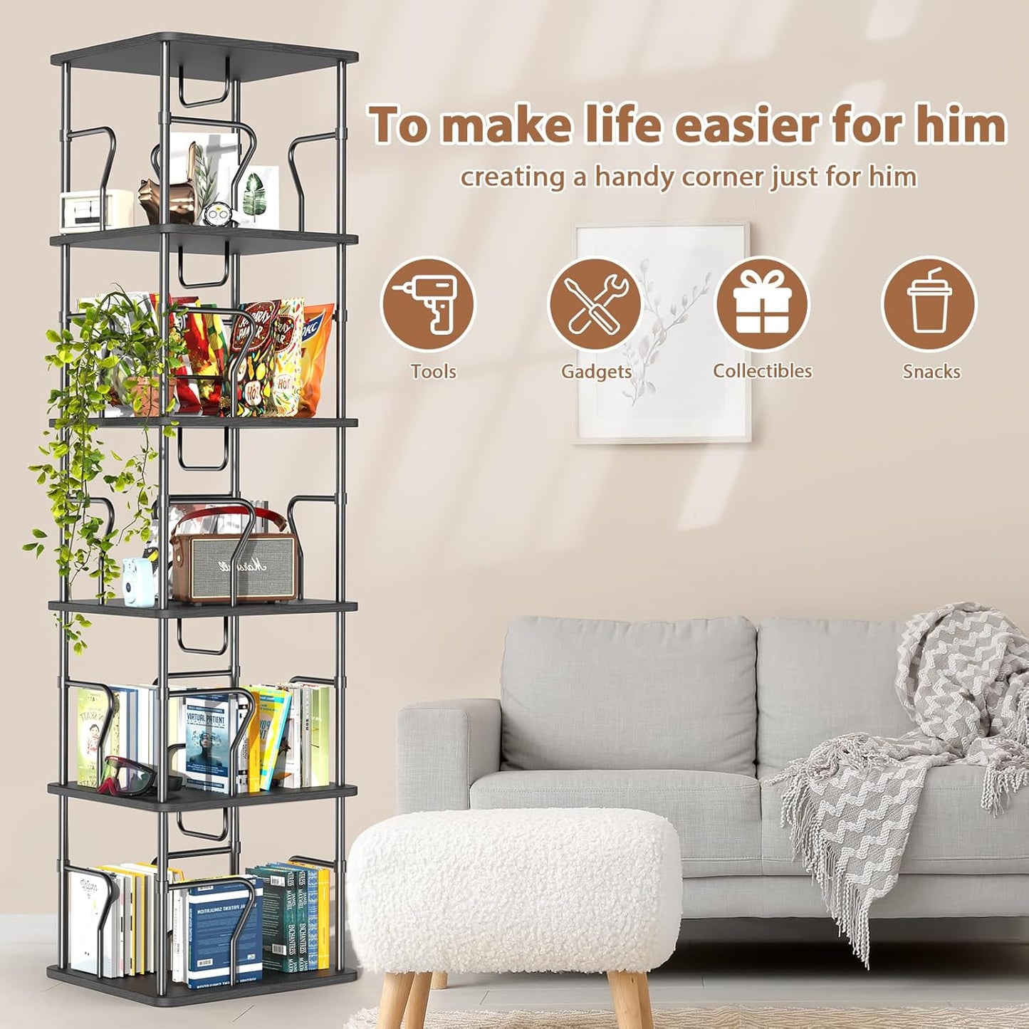 5 Tier Square Rotating Bookshelf Tower, Spinning Bookshelf, 360° Display Round Bookcase, Floor Standing Corner Revolving Bookshelf Organizer Storage Rack for Home Study Office, Small Spaces
