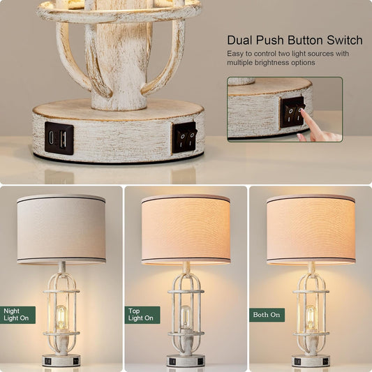22.3" Farmhouse Table Lamps Set of 2, Vintage Lamps for Living Room End Tables, Bedroom Lamp for NightStand with USB C+A Ports, Antique White
