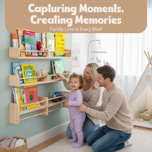 Floating Book Shelves for Nursery – Nursery Shelves for Wall with Hanging Rod – Set of 3 Wooden Wall-Mounted Shelves, Rounded Edges, Bookshelf for Kids Room Decor, 31.5" x 3.9" x 3.7