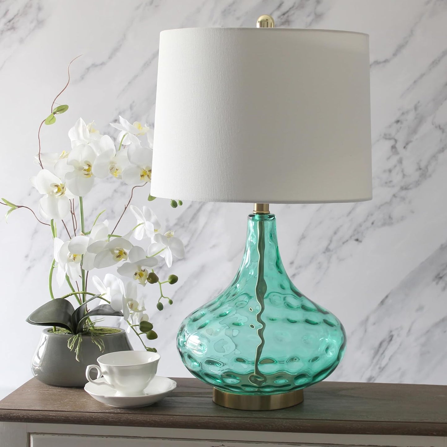 Elegant Designs LT3217-SEA 24" Modern Refined Bubbly Colored Glass Table Lamp with White Linen Tapered Drum Shade, Seafoam Green
