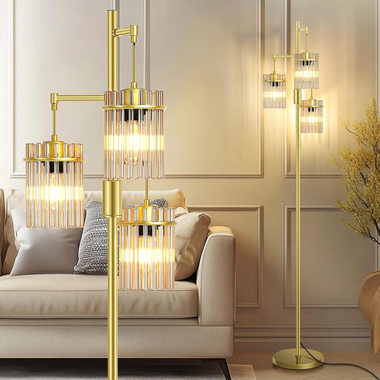 Industrial Modern Floor Lamps for Living Room, Dimmable Glass Tree Standing Tall Lamps with 3 Elegant Teardrop Cage Head & 800 Lumens LED Bulbs for Bedroom Office (65inch Tall)
