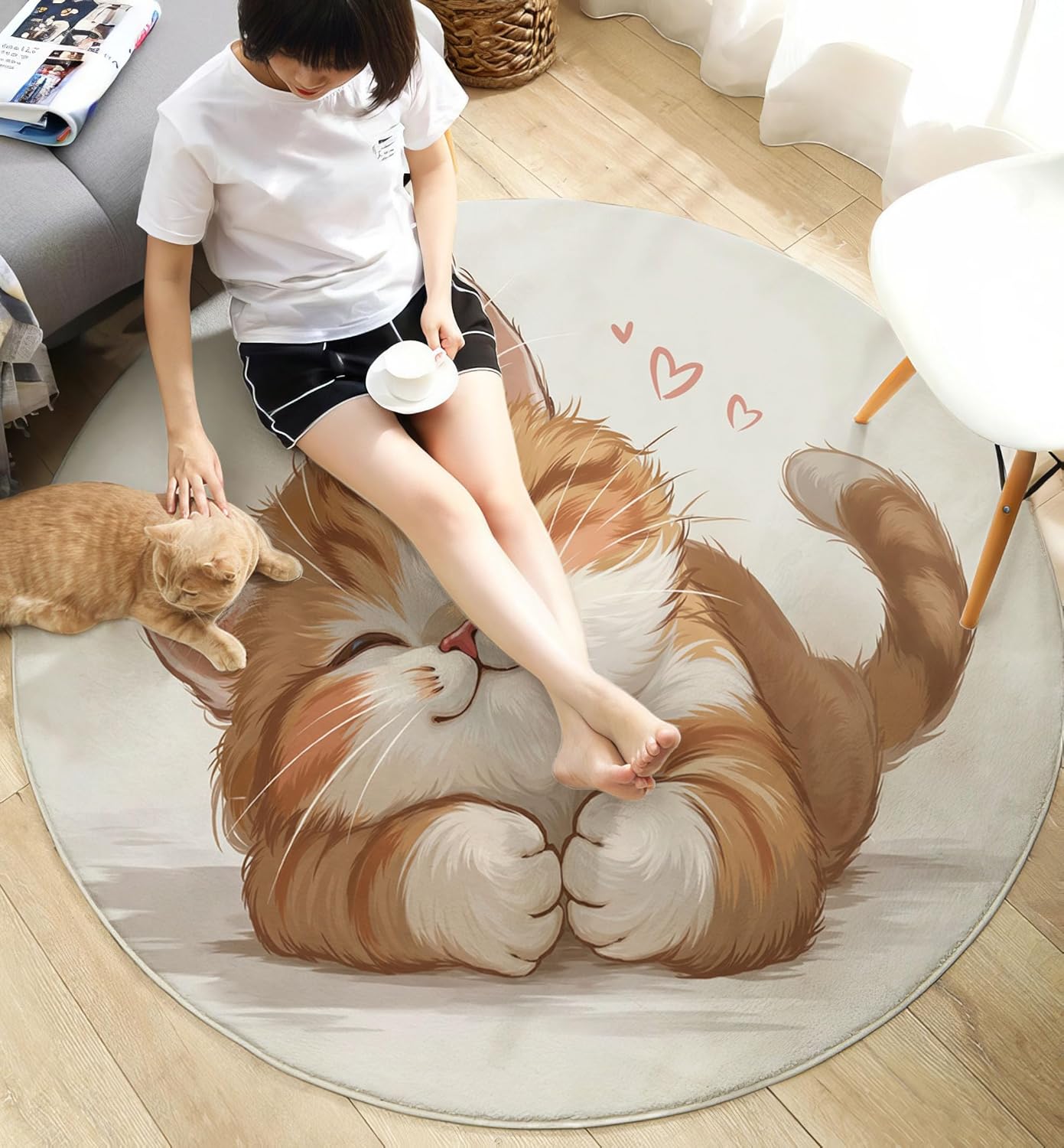 Cute Heart-Shaped Cat Round Rugs 5Ft, Fun Animal Round Living Room Area Rug, Washable Large Soft Circle Rug for Bedroom, Non Slip Ultra Thin Floor Carpet for Dining Room, Beige