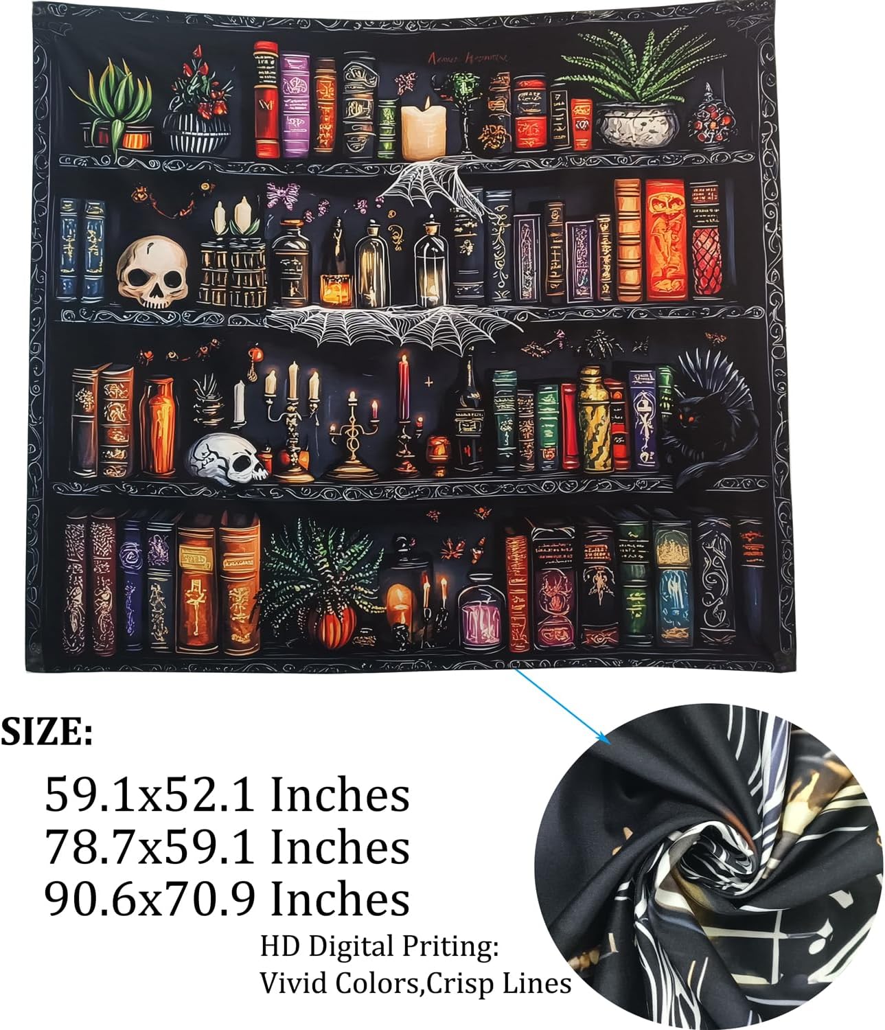 Algasan Magic Bookshelf Tapestry Magical Book Tapestry Gothic Witchy Vintage Library Skull Potion Black Cat Candle Botanical Backdrop for Bedroom Living Room Dorm 78.7 x 59.1 Inches