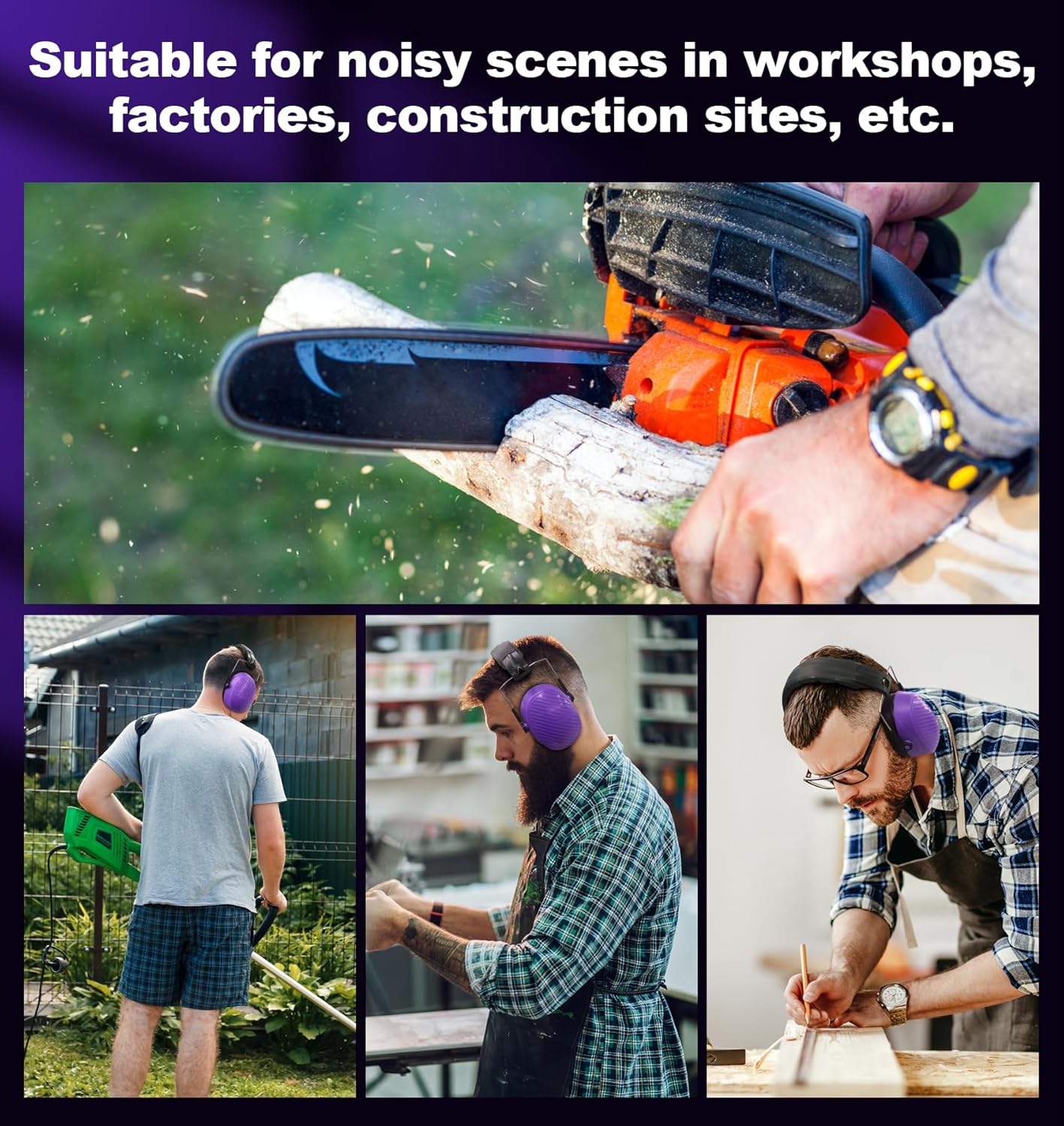 PROHEAR 038 Ear Protection Safety Earmuffs for Mowing, 28dB Noise Reduction Passive Hearing Protector, Compact Foldable Headset for Shooting Construction Power Tools, Purple