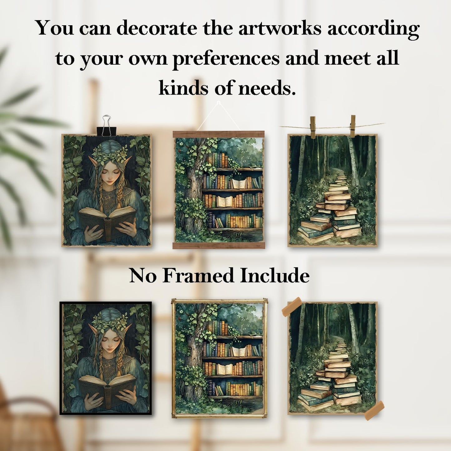 OCFMUHFP Vintage Reading Fairy Wall Art Posters Set of 4, Forest Reading Nook Corner Room Decor, Retro Green Bookish Prints Artwork for Library Book Store Club Wall Decor 8x10 Unframed