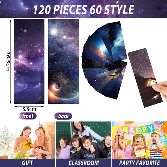 Chinco 120 Pieces Cool Space Galaxy Bookmarks Set for Kids 60 Design Kids Bookmarks Bulk for Space Galaxy Book Lovers Men Boys Classroom Students Gifts