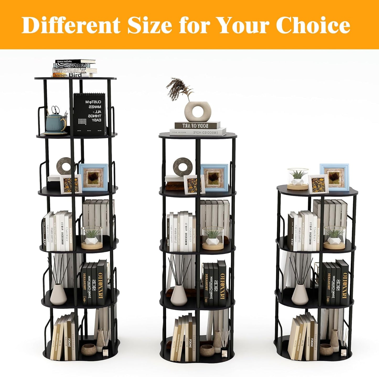 5 Tier Rotating Bookshelf, 360° Spinning Bookcase with Metal Frame & Wood Shelves for Corner - Industrial Freestanding Storage Rack for Living Room, Bedroom, Office&Small Room