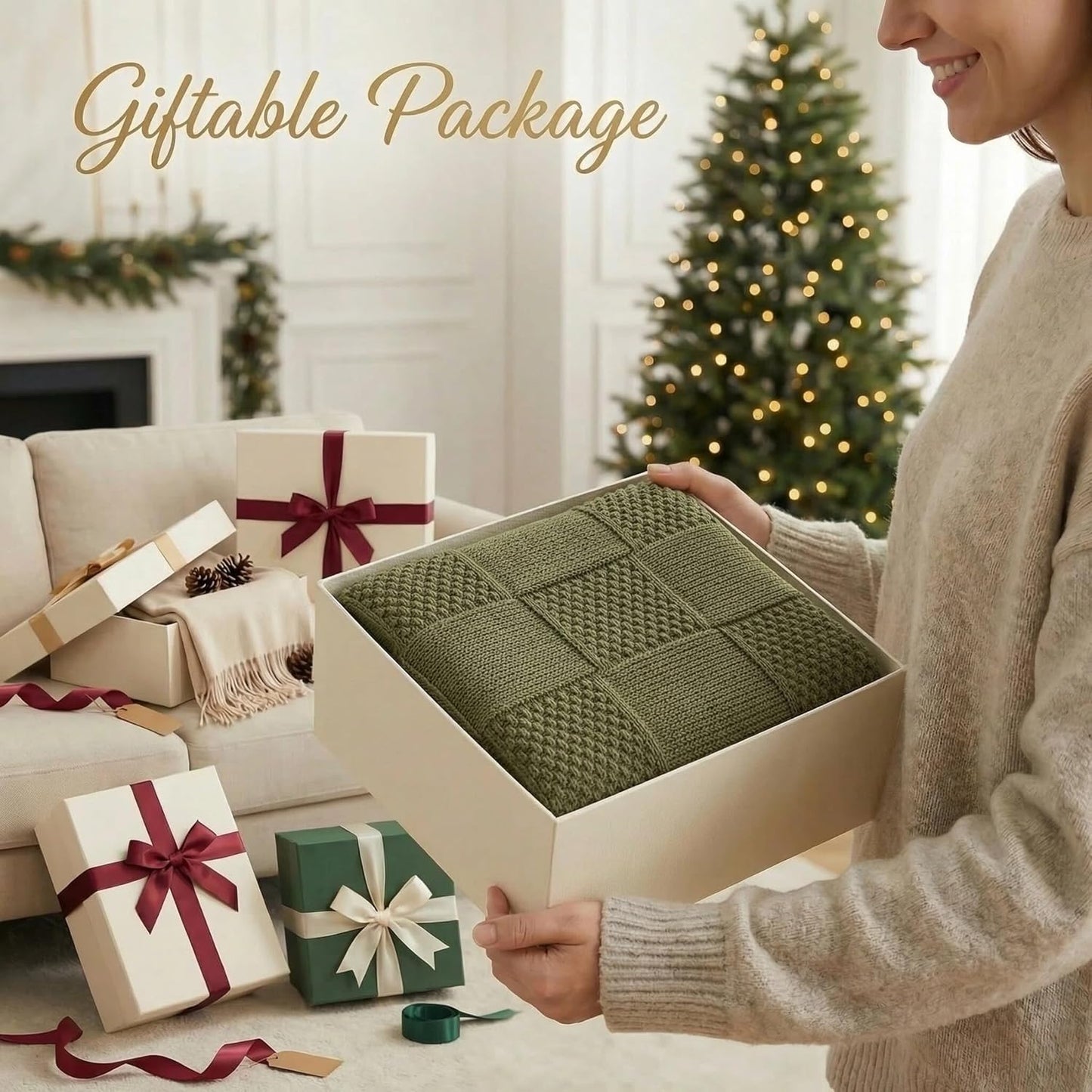 Checkered Knit Throw Blanket, Olive Green 50x60 Inches, Soft Warm Knitted Blanket for Couch, Sofa, Bed, Living Room, Bedroom, All Season Decorative Home Throw, Cozy Gift Blanket