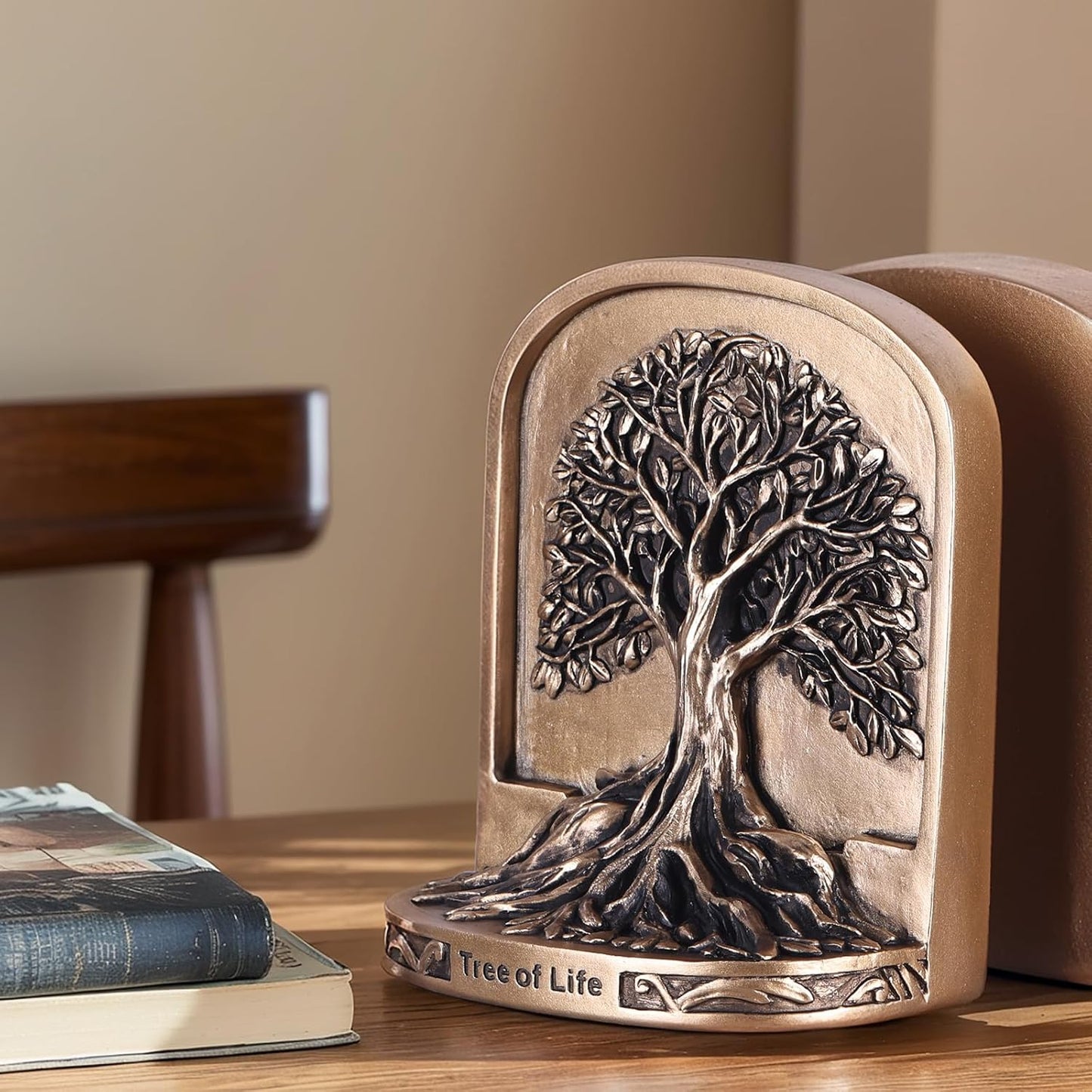 Antique Bronze Color Tree of Life Bookends Set, 2 Non-Skid Heavy Bookends for Shelves or Bookcase, Decorative Bookends for Desktop Shelf Decor, Library Office Decor, Home Décor Gift