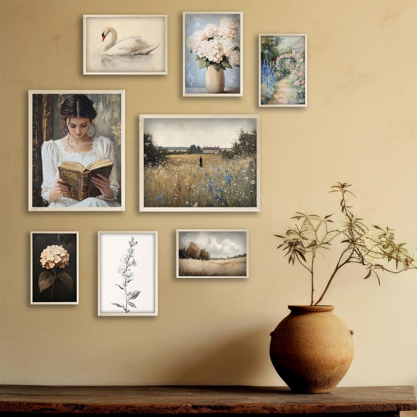 Eastern Print Victorian Wall Art Set of 8 PCS, Vintage Prints for Gallery Wall Decor, French Country Cottagecore Style, Swan, Floral, Classical Woman Reading Artwork for Bedroom, Living Room, Unframed