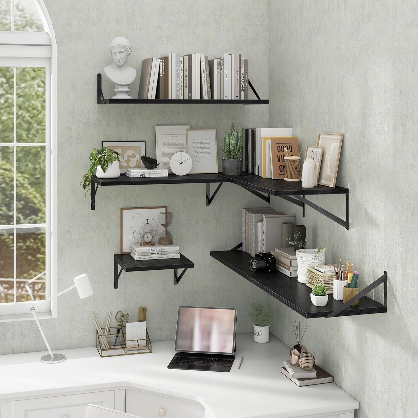 Deep Floating Shelves Wall Mounted, 16"x12" Black Wall Shelves with Brackets Set of 2 for Bedroom, Living Room, Bathroom, Kitchen, Office - Storage & Display Shelf for Decor, Books, Plants