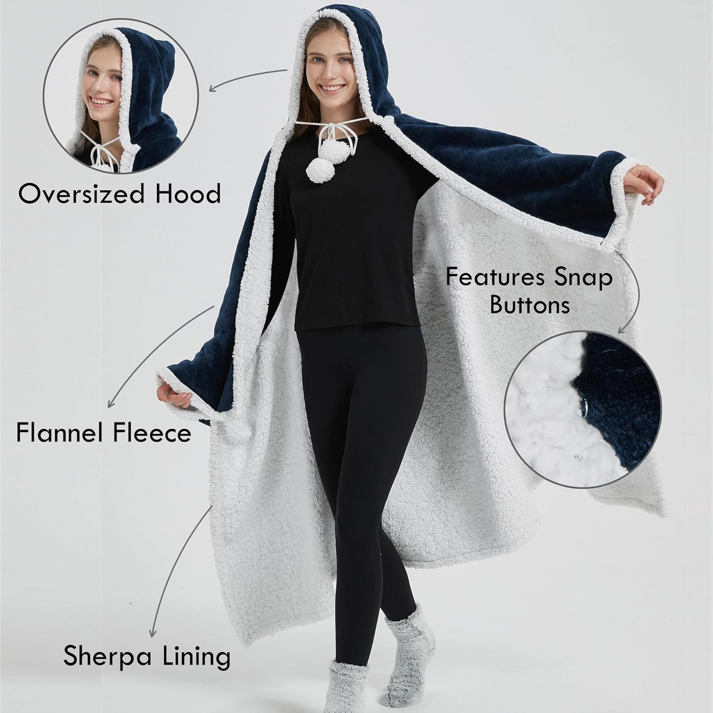 Hooded Wearable Blanket Cozy Blanket Hoodie Cape Sherpa Fleece Blanket Poncho Throw for Adult