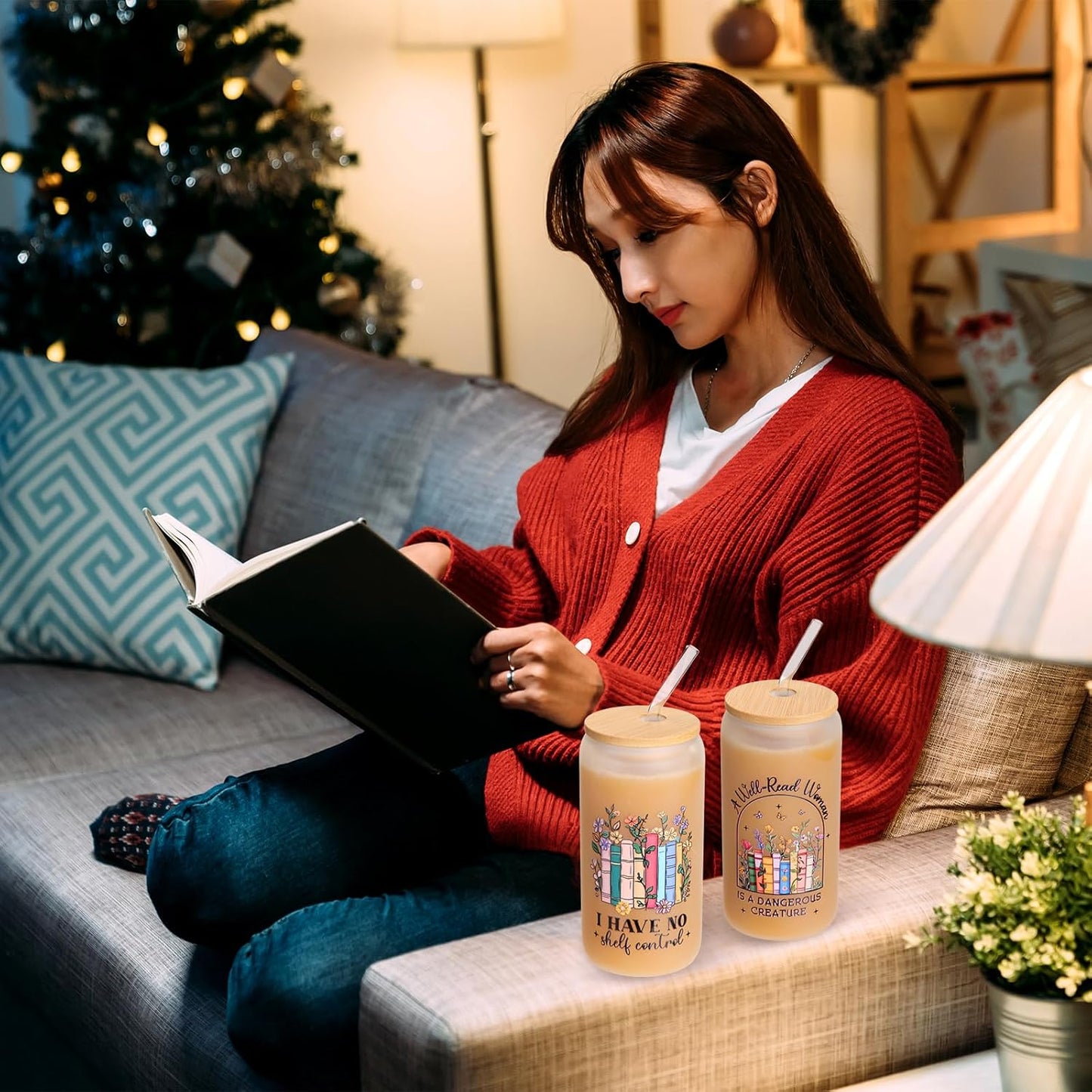 6 Pcs Christmas Book Bookish Lovers Gifts for Women Readers 16 oz Glass Cups with Lids Straws Book Club Librarian Appreciation Christmas Birthday Gifts (White)