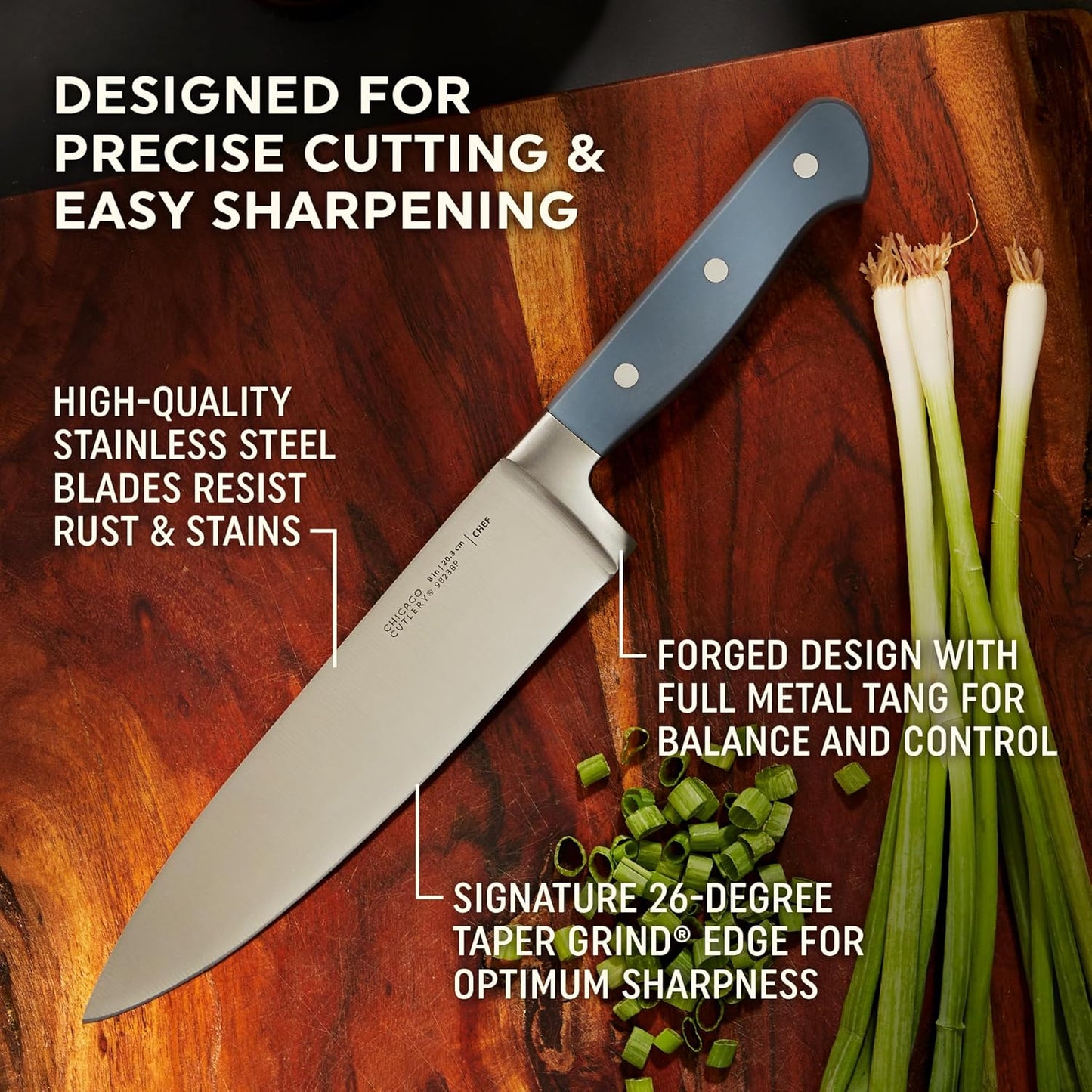 Chicago Cutlery Halsted (3-PC) Cutlery & Wooden Block Set, Ergonomic Handles and Sharp Stainless Steel Professional Chef Cutlery Set