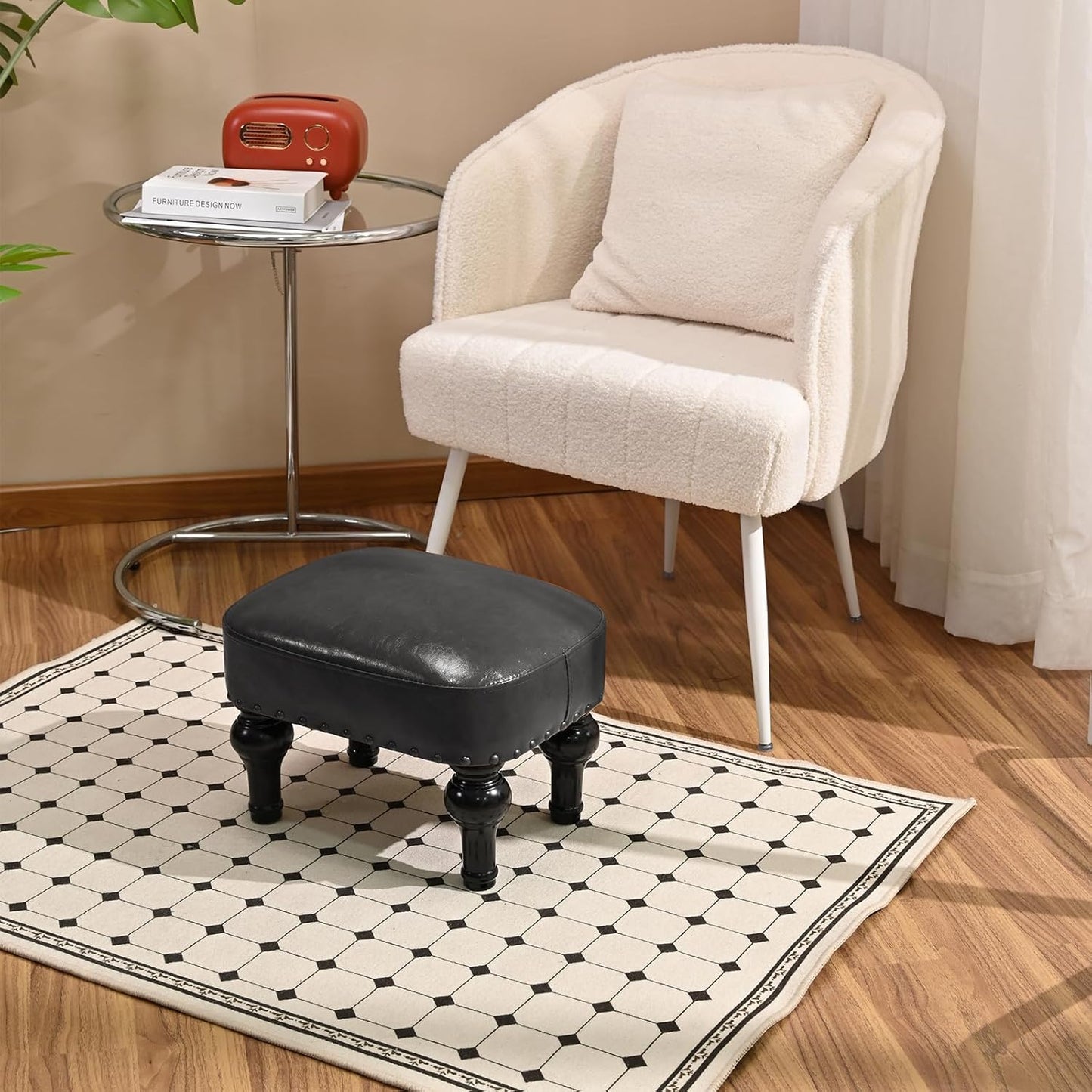 Leather Ottoman Footrest,Rustic Foot Stools Seat,Wood Footstool Rectangle Footrest Small Ottoman for Bedroom,Living Room,Office,Entrance Hall (DEEP Brown)